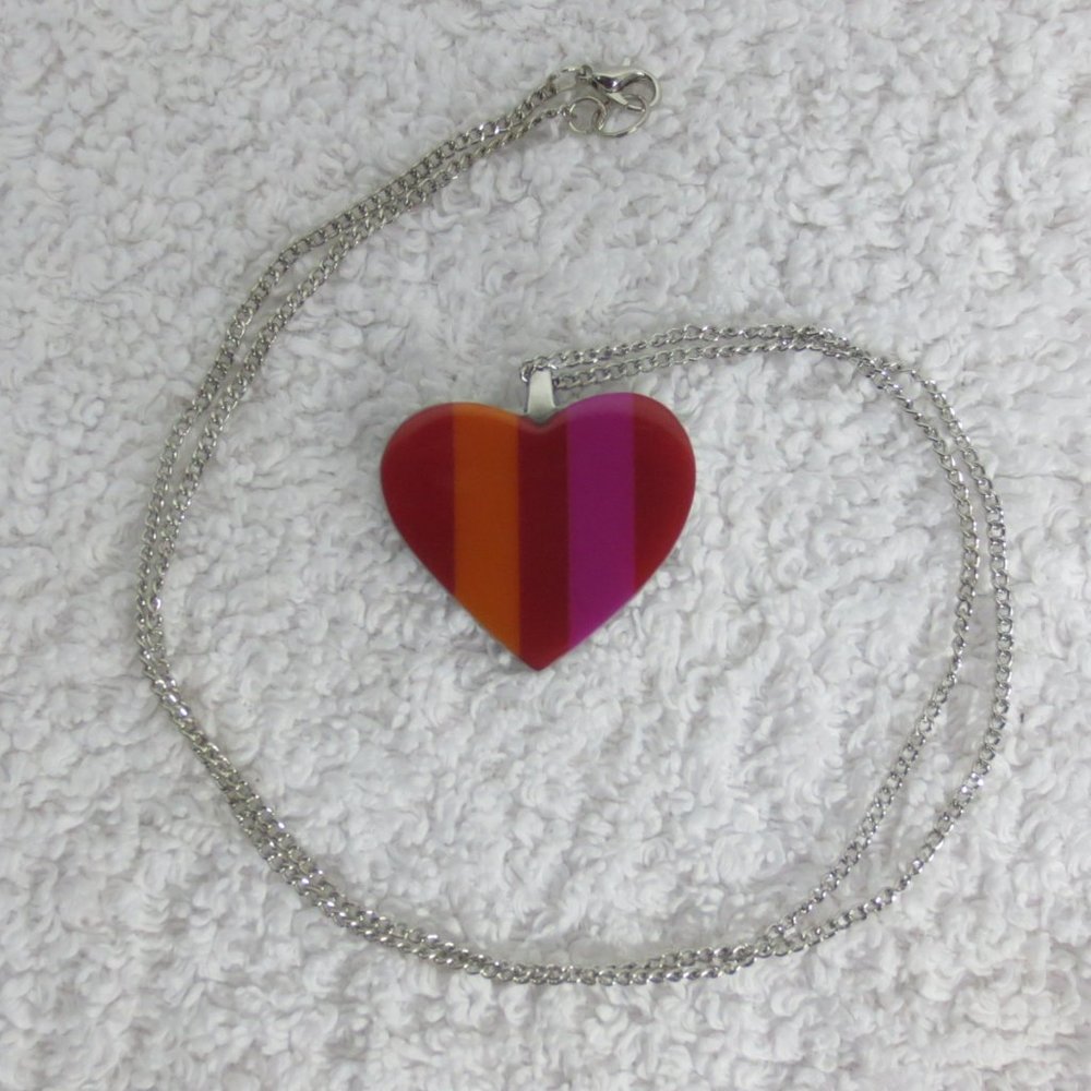 Handcrafted Necklace Red Pink Orange Stripes Silver Tone 60s Mod Heart Pendant